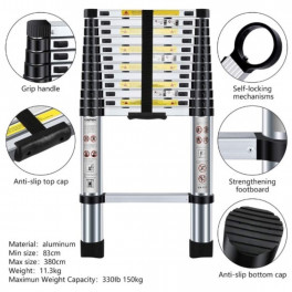 Haina HB-6367 - 3,8 méter Teleszkópos Alumínium Létra, 150kg teherbírású