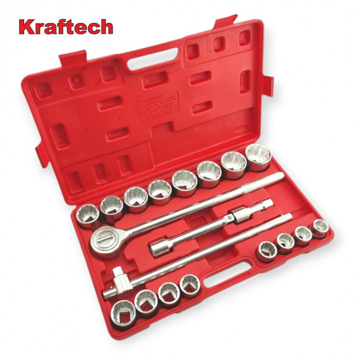 KrafTech HB-6889 21 Darabos 3/4"-os Meghajtású 12 Pontos Racsniskulcs Króm Dugókulcs Készlet