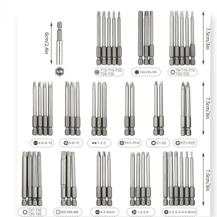 Haina HA-6012 50 db Extra Hosszú Biztonsági Bit Készlet 75mm Torx Hex Spline Csavarhúzó Készlet, Króm Vanádium Acélból