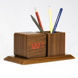 Dizájn LED digitális fa asztali óra tolltartó - Sötét