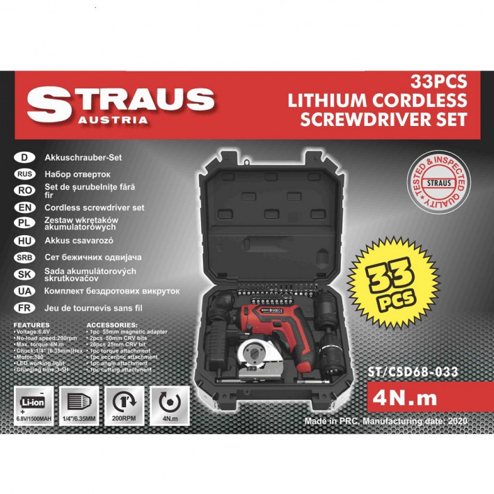 Straus 33 részes 4 N.m Lithium-Ion Akkus Csavarozó + Nyomaték Fejjel, Többirányú Fejjel, Szög Fejjel, Vágás Fejjel 6,8V ST/CSD68-033
