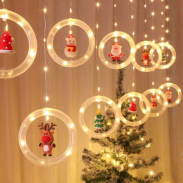 Karácsonyi fényfüzér 10 db gyűrűvel, 5 féle dísszel – lógó ablakdísz 110LED, 3M, melegfehér