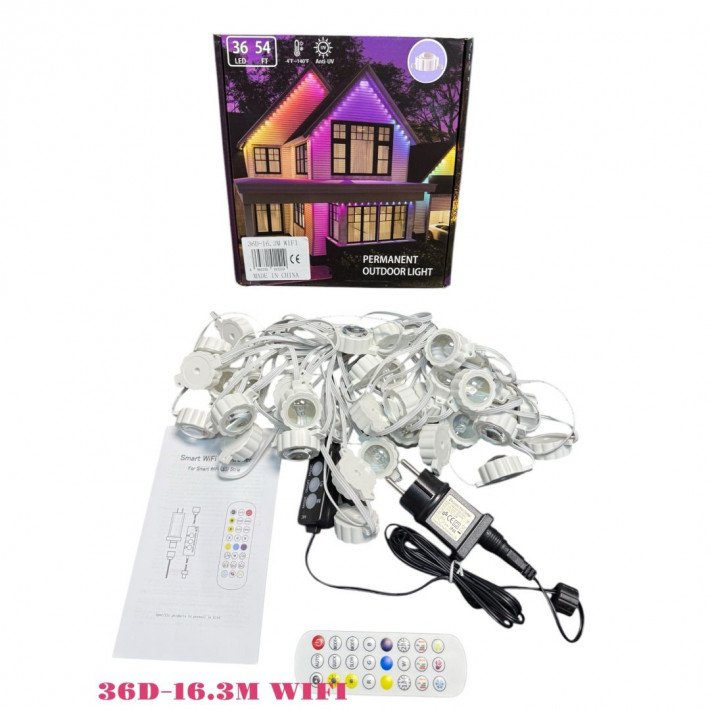 Kültéri dekoratív RGB fényfüzér, Távirányítós és APP vezérléssel 36LED lámpa - 16m