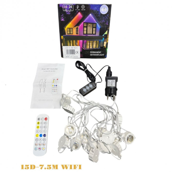 Kültéri dekoratív RGB fényfüzér, Távirányítós és APP vezérléssel 15LED lámpa - 7,5m
