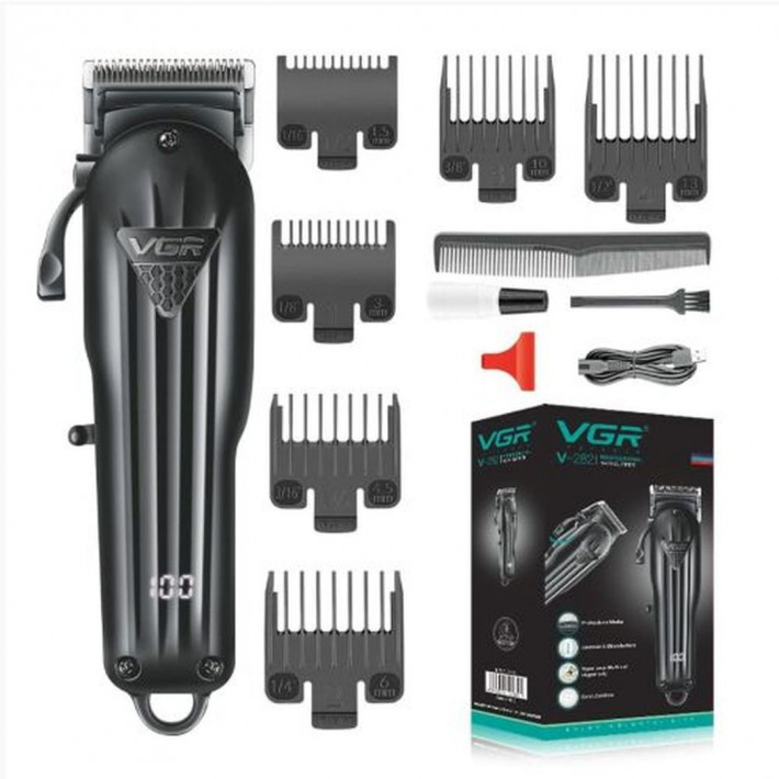 VGR V-282 Professzionális hajvágó készletvágógép, akkumulátorral, LED kijelző, 6 rács 1,5-13 mm, fekete