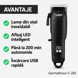 VGR V-282 Professzionális hajvágó készletvágógép, akkumulátorral, LED kijelző, 6 rács 1,5-13 mm, fekete