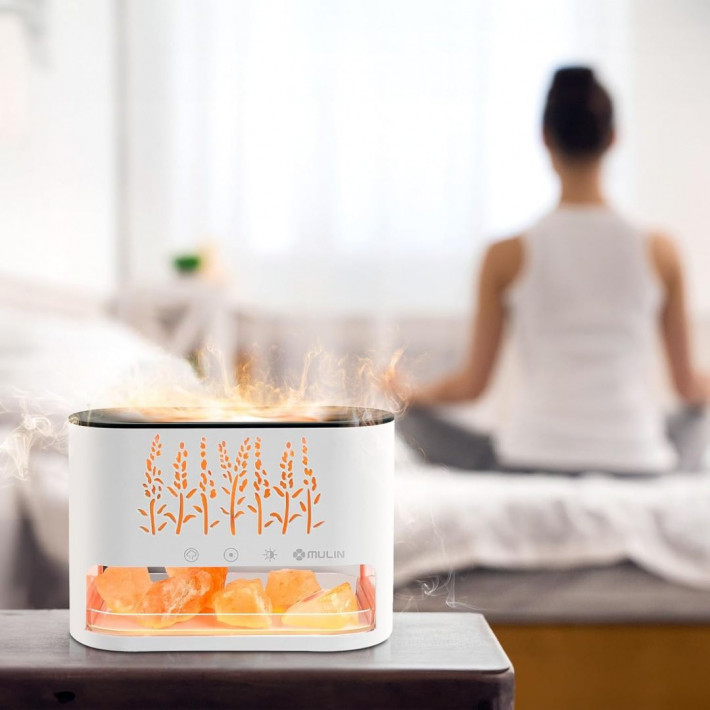 Párologtató Aroma Diffúzor Sókő kristály és Láng LED fénnyel 250ml - KP-023 Fehér