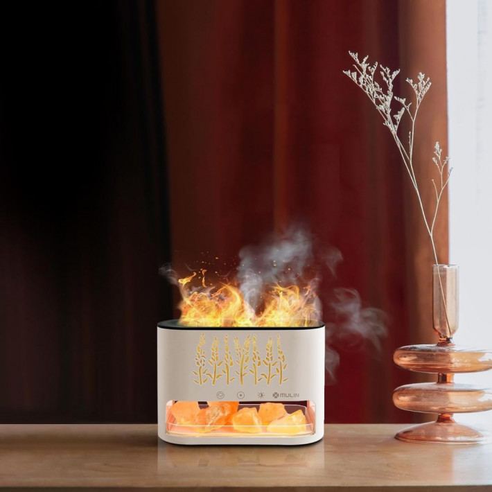 Párologtató Aroma Diffúzor Sókő kristály és Láng LED fénnyel 250ml - KP-023 Fehér