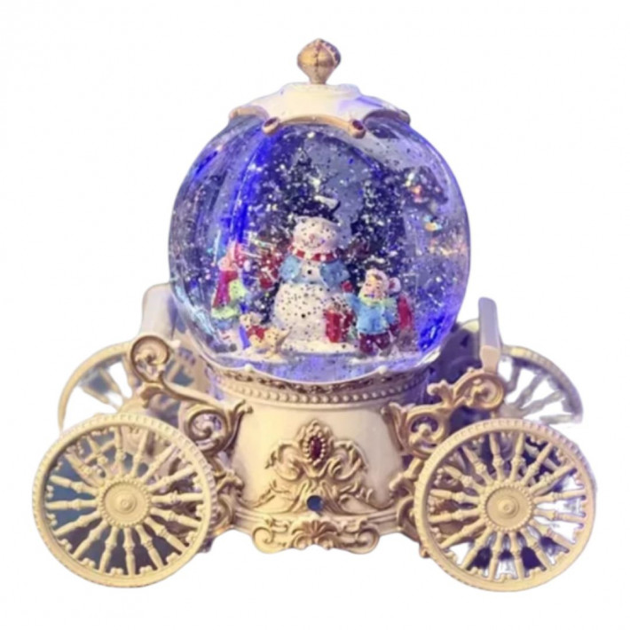 Világító Karácsonyi Hógomb, LED Hóesés Effekttel, Beépített Zene, Hintó Formájú