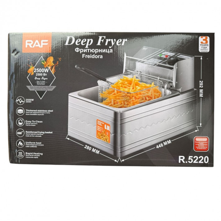 Elektromos fritőz, RAF, 2500 W, fedéllel, 5.5L kapacitás
